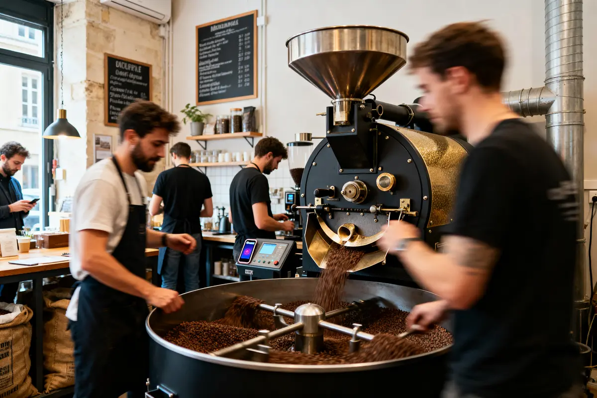 Personnes travaillant dans une torréfaction de café, utilisant une grosse machine pour griller des grains.