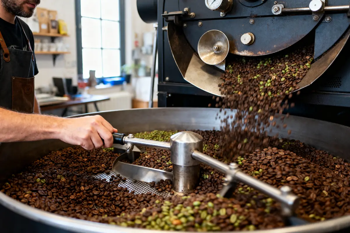 Personne torréfiant des grains de café dans une machine à torréfier, intérieur d'une brûlerie lumineuse.