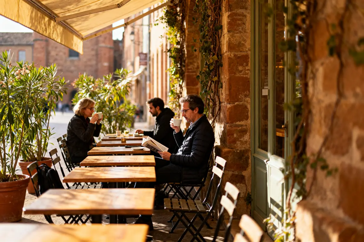 Personnes assises à une terrasse de café, lisant ou buvant, sous un auvent par une journée ensoleillée.