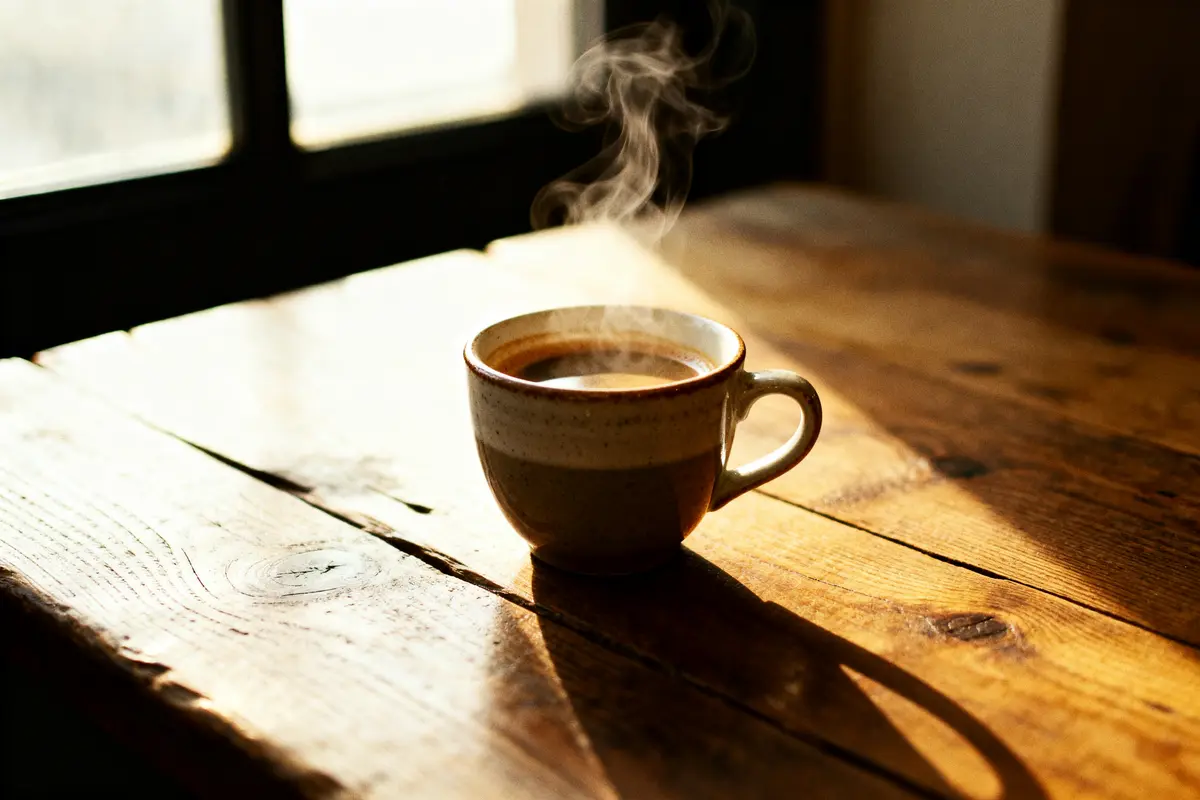 Tasse de café fumant sur une table en bois au soleil près d'une fenêtre.