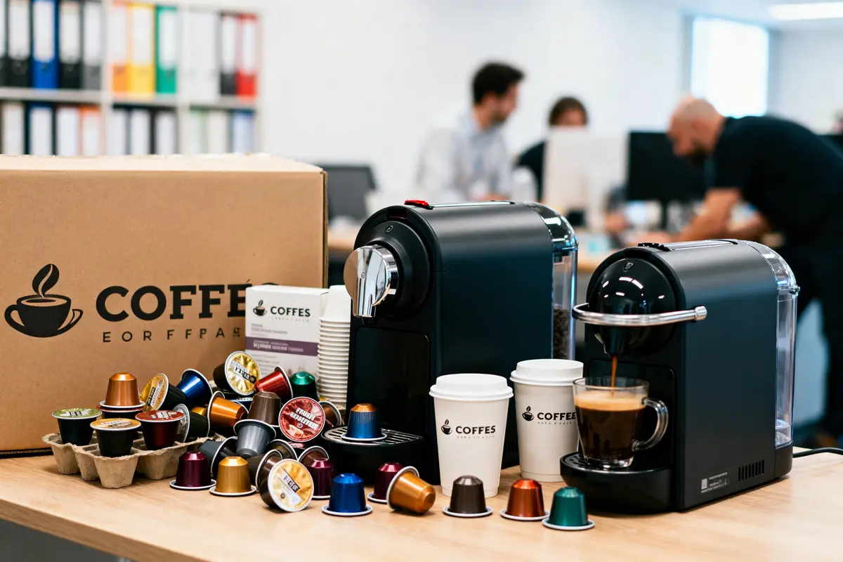 Deux machines à café, capsules colorées, gobelets sur table de bureau, employés en arrière-plan flou.