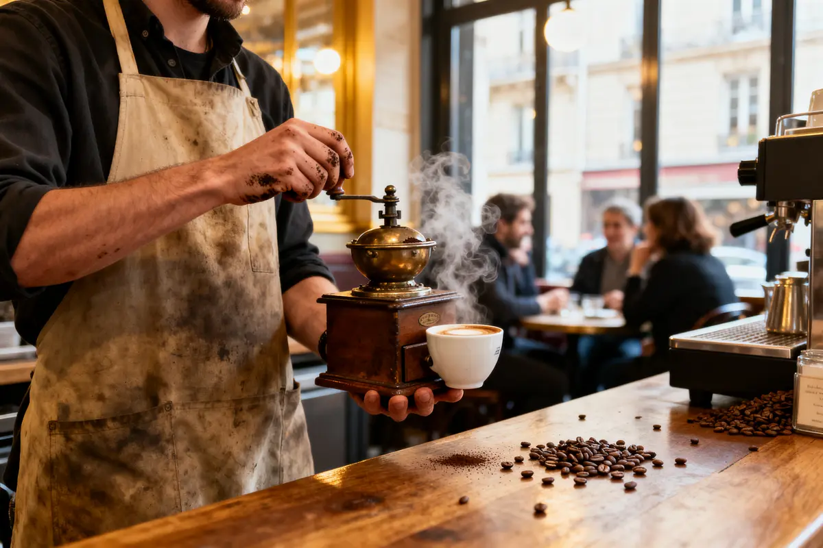 Personne mouline café à l'ancienne, café fumant, grains éparpillés, fond salle café animée.