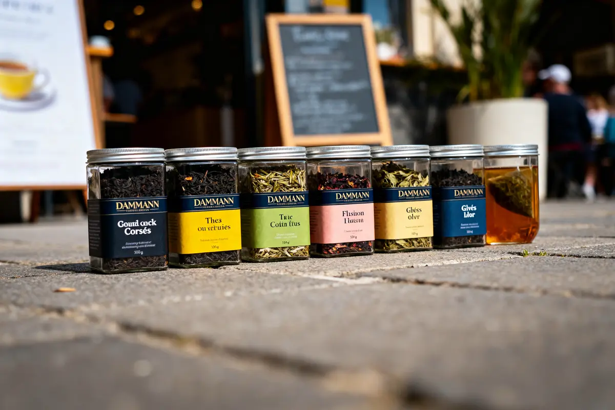 Sept bocaux de thés Dammann alignés sur le sol devant une boutique, avec étiquettes colorées.