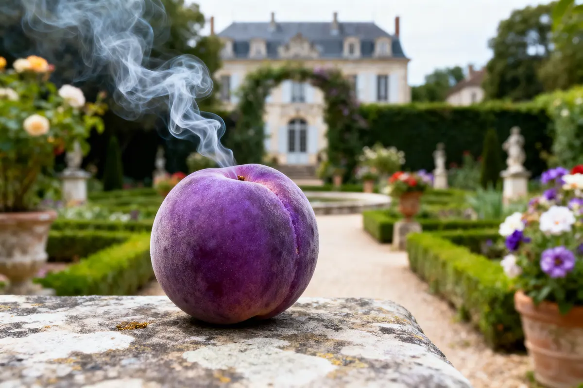 Une pêche fumante posée sur un muret devant un jardin avec manoir en arrière-plan.