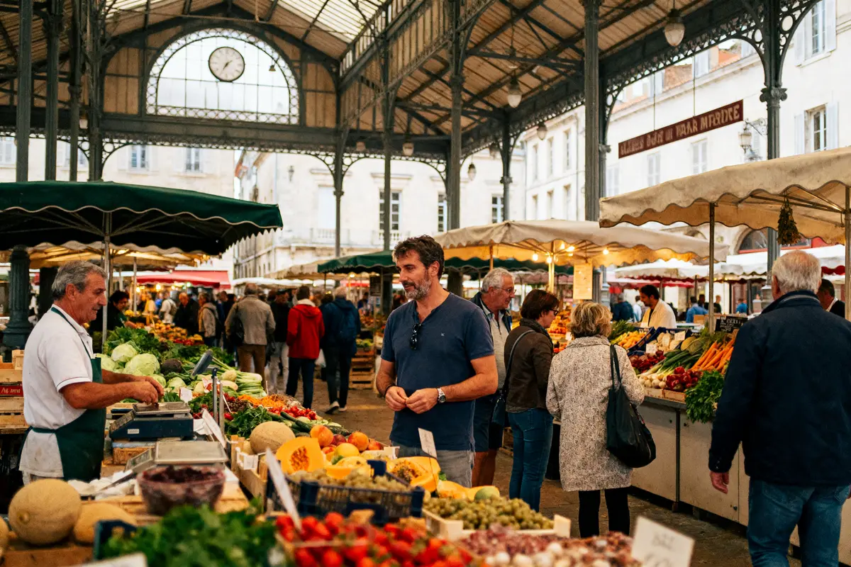 Marché couvert animé avec des étals de fruits et légumes, clients, ambiance chaleureuse, horloge visible en arrière-plan.