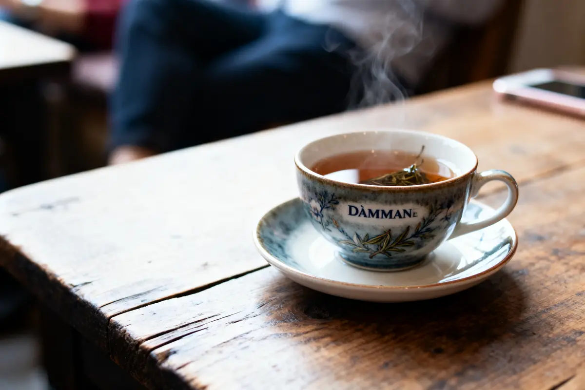 Tasse de thé fumante sur table en bois, fond flou, marque "Dammann" sur la porcelaine fleurie.