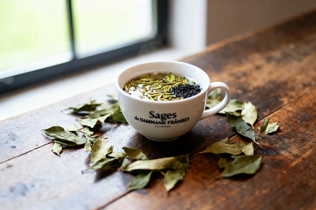 Tasse de thé "Sages de Dammann Frères" avec feuilles de thé sur table en bois.
