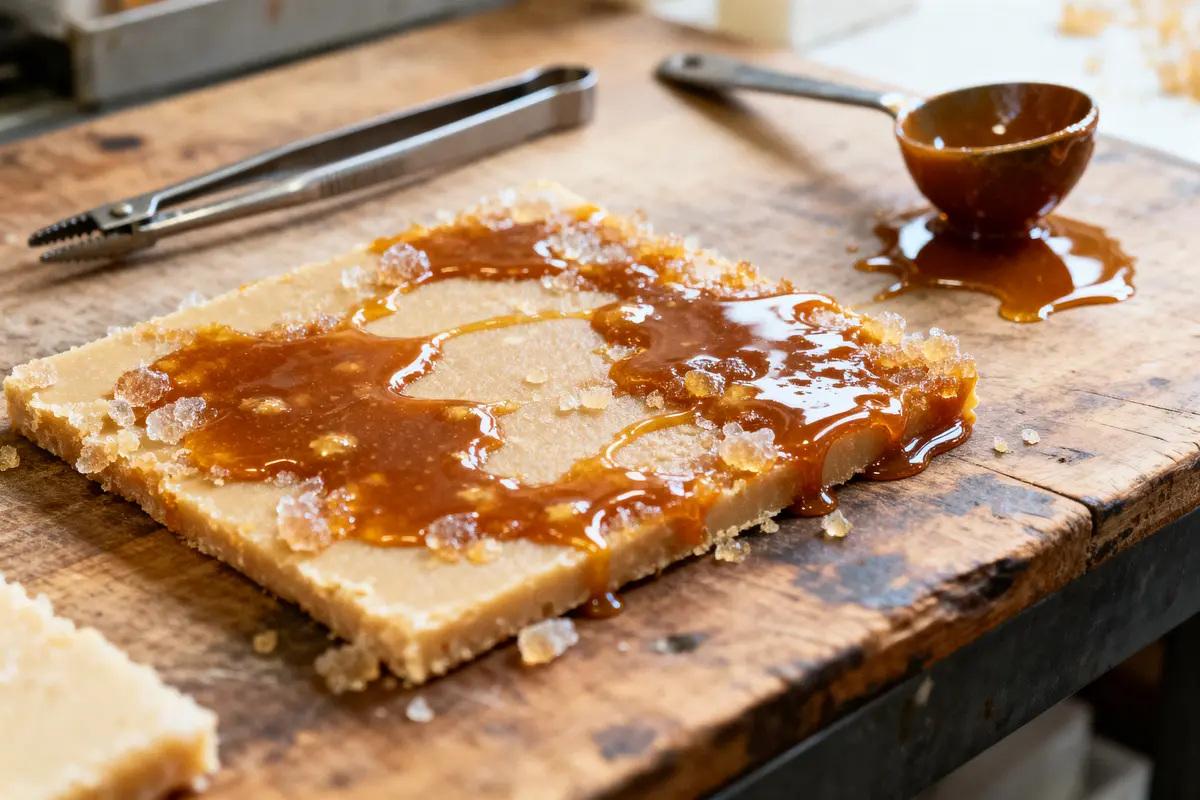 Gros plan d'un dessert rectangulaire avec du caramel et du sucre cristallisé, posé sur une table en bois.