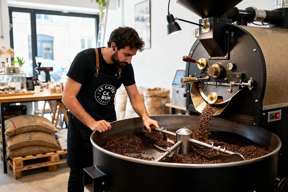 Homme rôti des grains de café dans une machine, café moderne en arrière-plan.