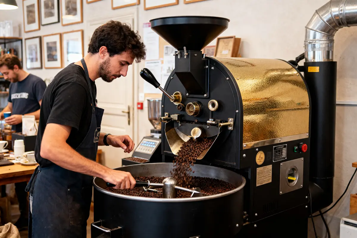 Homme torréfiant des grains de café dans une machine industrielle, intérieur de torréfacteur, ambiance artisanale.
