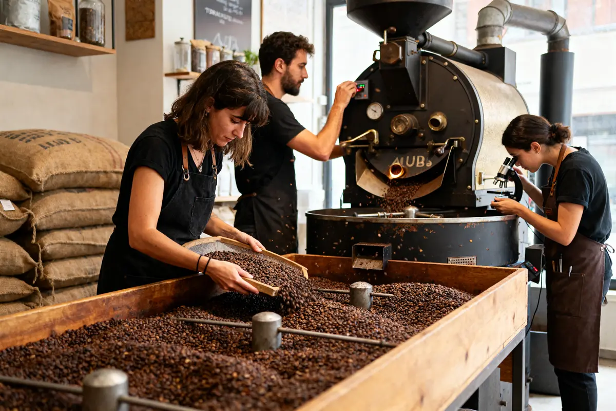 Personnes travaillant dans une torréfaction de café, manipulant des grains et contrôlant la machine.