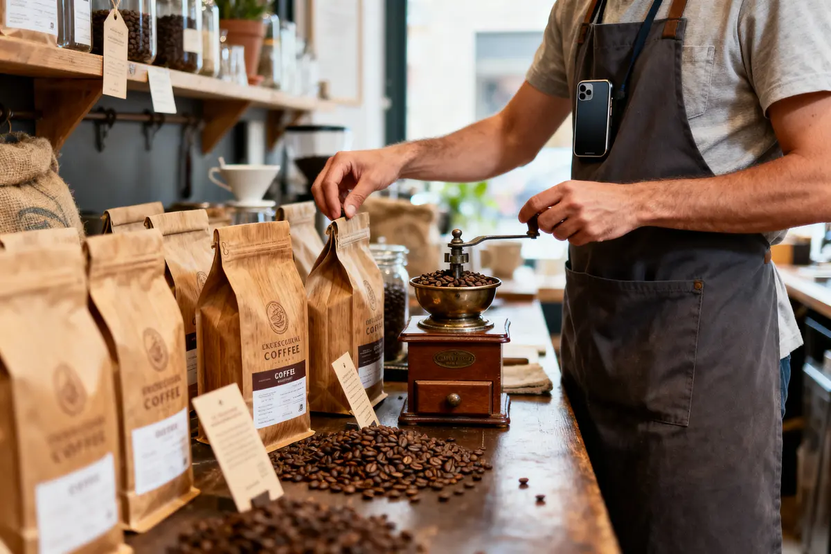 Homme en tablier moulant des grains de café avec un moulin manuel dans un café artisanal.