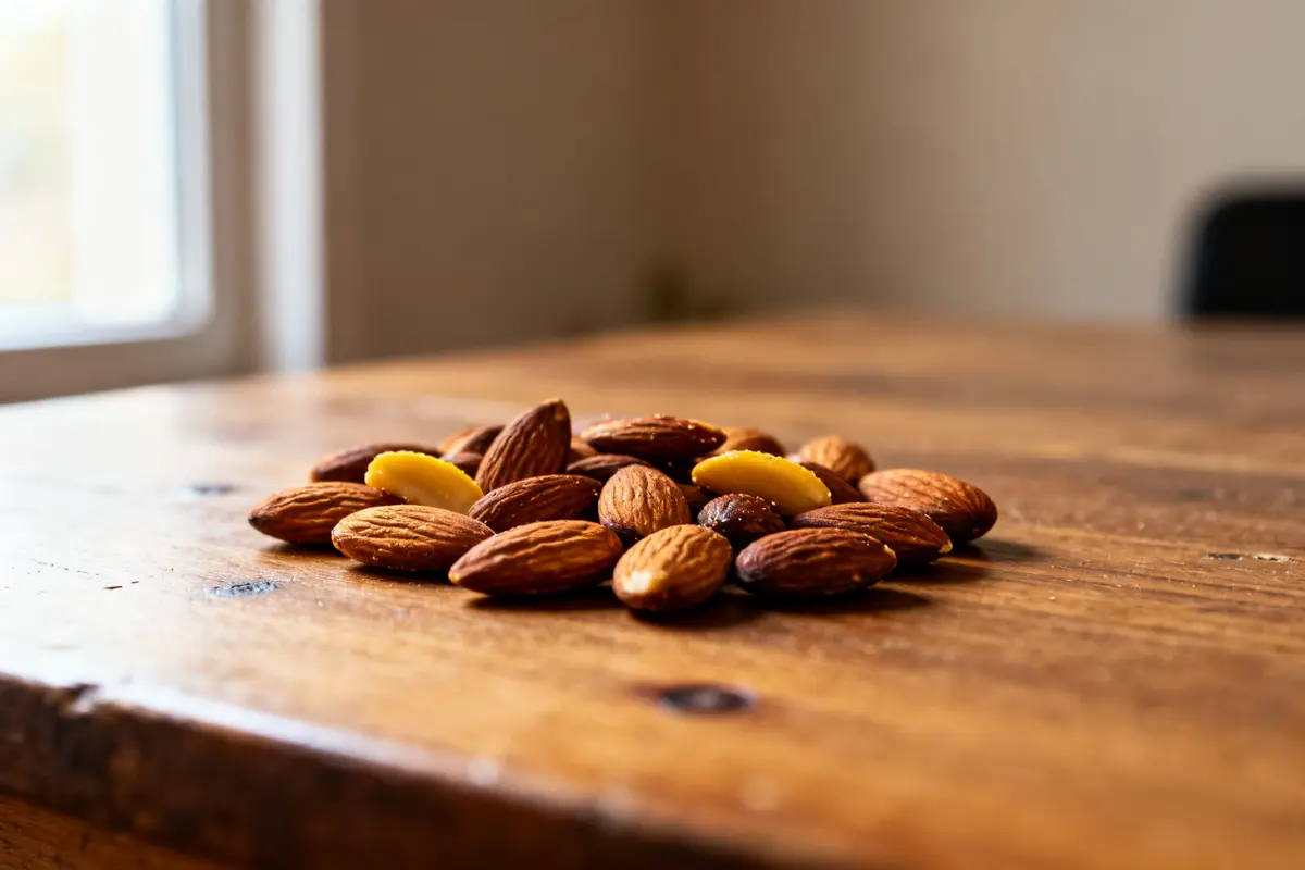 Assortiment amande torréfiée et noix sur table en bois éclairée par la lumière naturelle