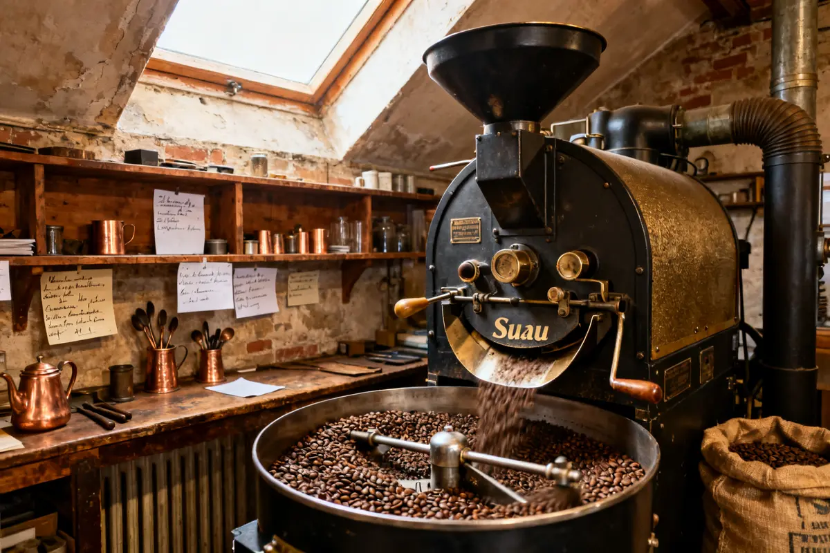 Torréfacteur artisanal en action dans une brûlerie de café Suau chaleureuse et industrielle