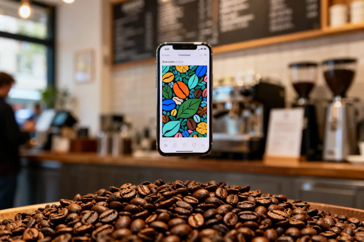 Un téléphone flottant au-dessus de grains de café torréfié dans un café moderne