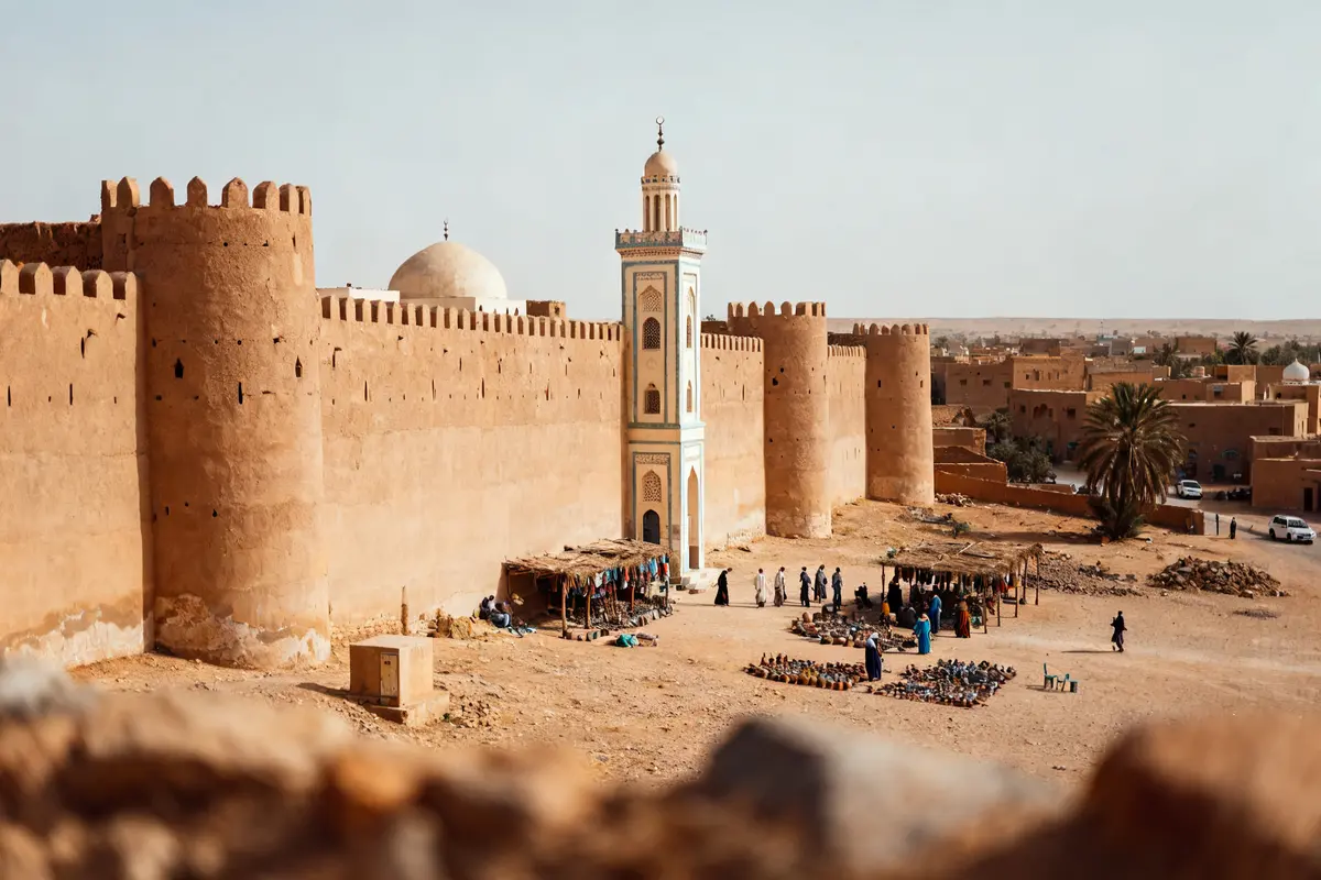 Forteresse en terre cuite avec marché local au pied de la muraille, proche d'Harrar