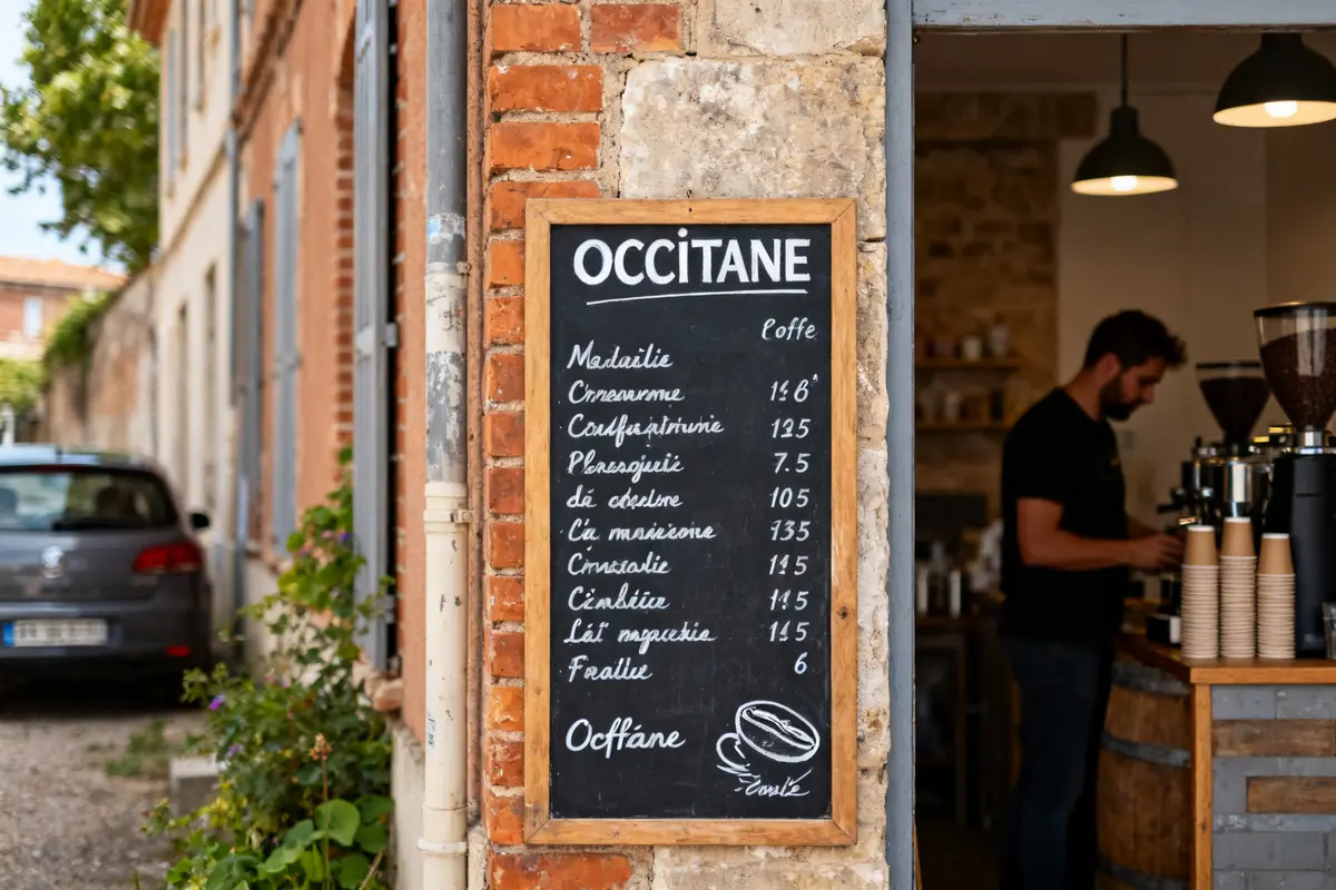 Tableau noir menu café à la Brûlerie Occitane, homme préparant des boissons derrière comptoir
