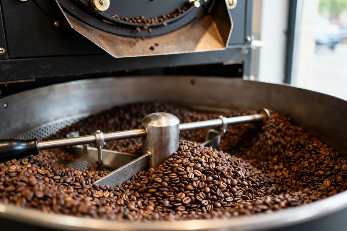 Grains de café torréfiés dans une machine industrielle à la Brûlerie des Filatiers
