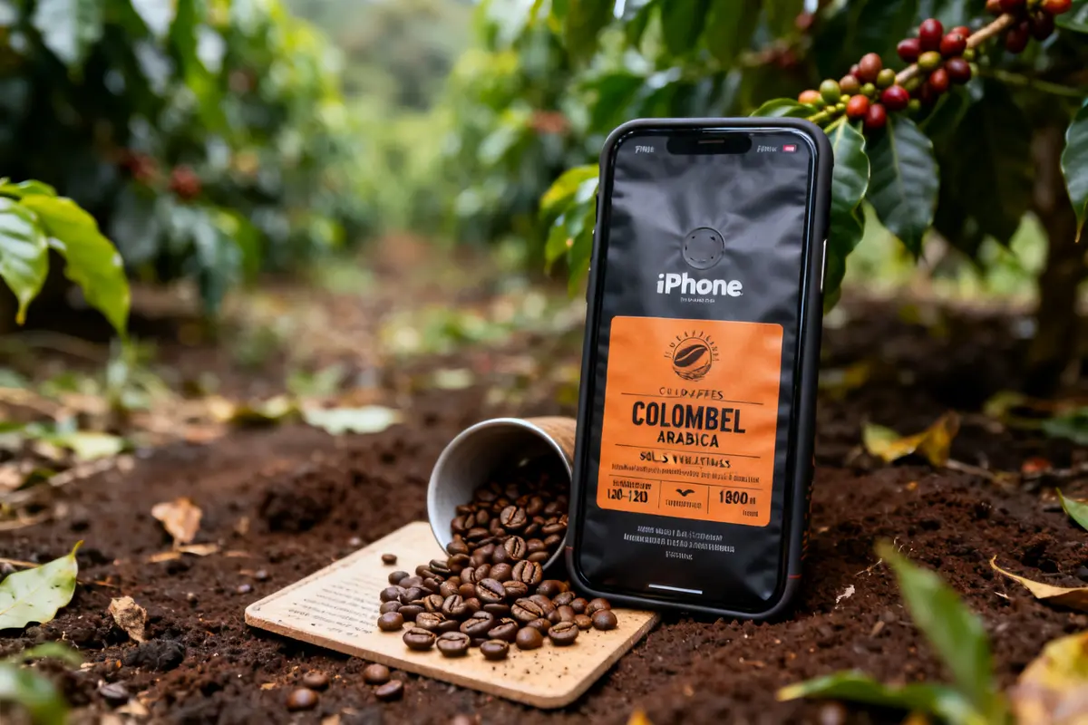 Paquet et grains du meilleur café colombien dans une plantation verdoyante