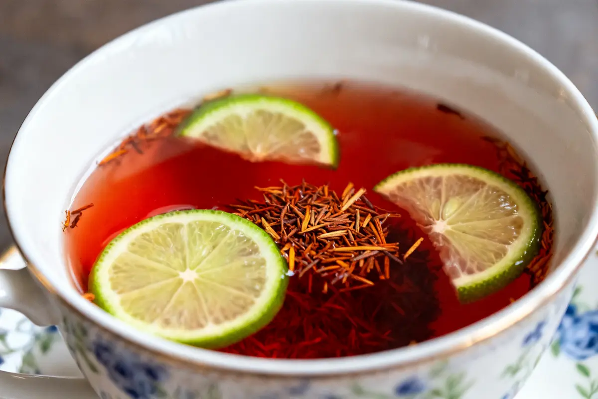 Tasse de thé rooibos citrus avec tranches de citron vert flottantes