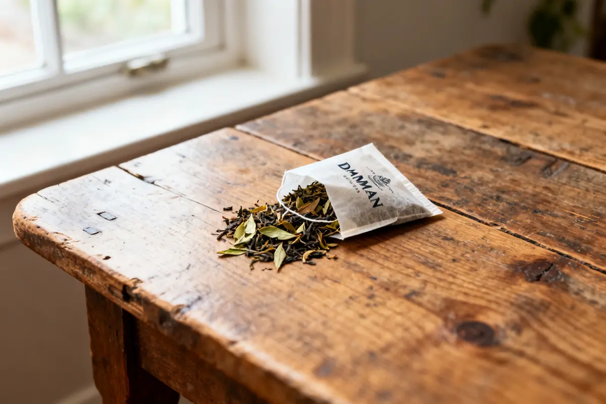 Sachet de thé Dammann en vrac ouvert sur une table en bois rustique