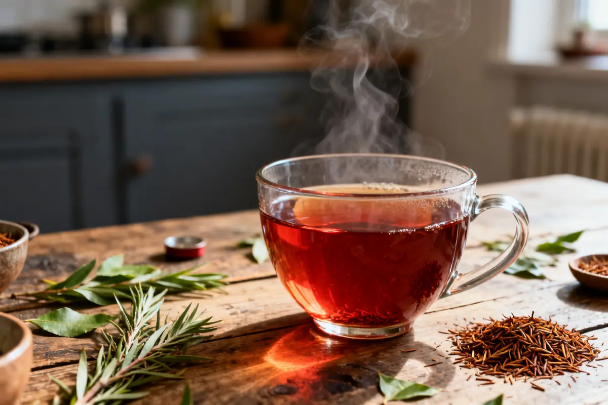 Tasse de thé rouge rooibos fumant sur une table en bois avec des feuilles