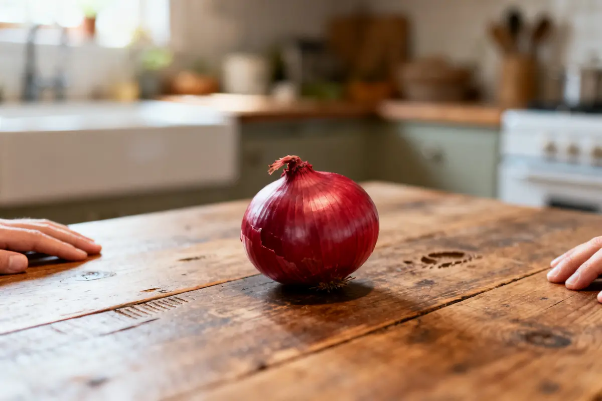 Oignon rouge sur table en bois, idéal avec thé vert de Chine en cuisine rustique