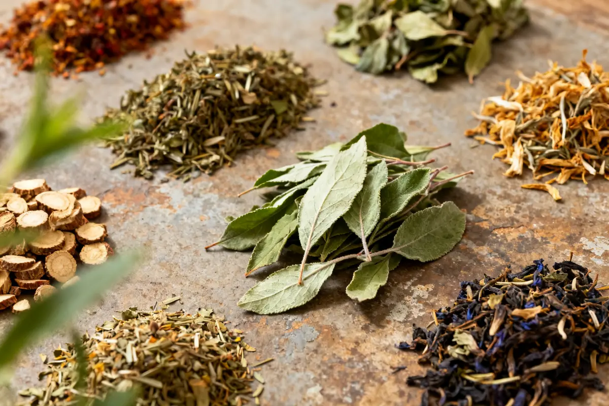 Différents feuilles et herbes séchées pour préparer une tisane artisanale apaisante et naturelle