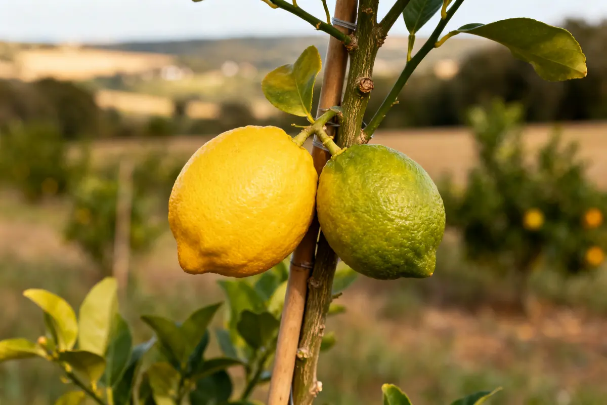 Citrons jaunes et verts sur arbre dans verger illustrant la vente d'agrumes