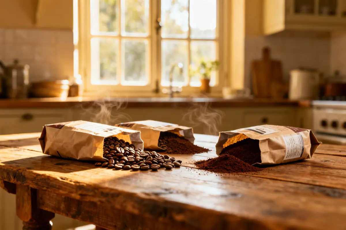 Paquets et grains de café frais sur table pour vente de café en ligne