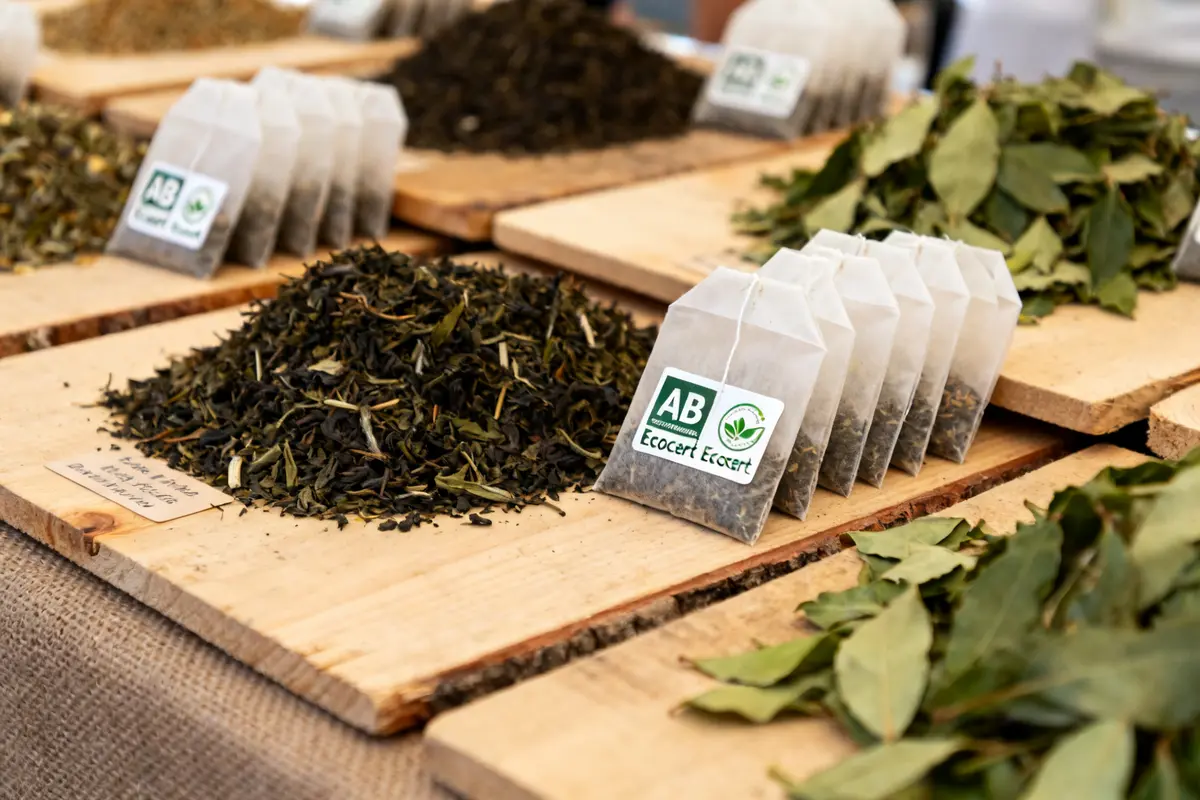 Sachets et feuilles lors d'une vente de thé biologique sur un marché artisanal