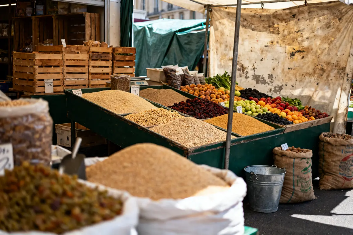 Stand de marché avec fruits et produits en vrac en anglais organisés en piles colorées