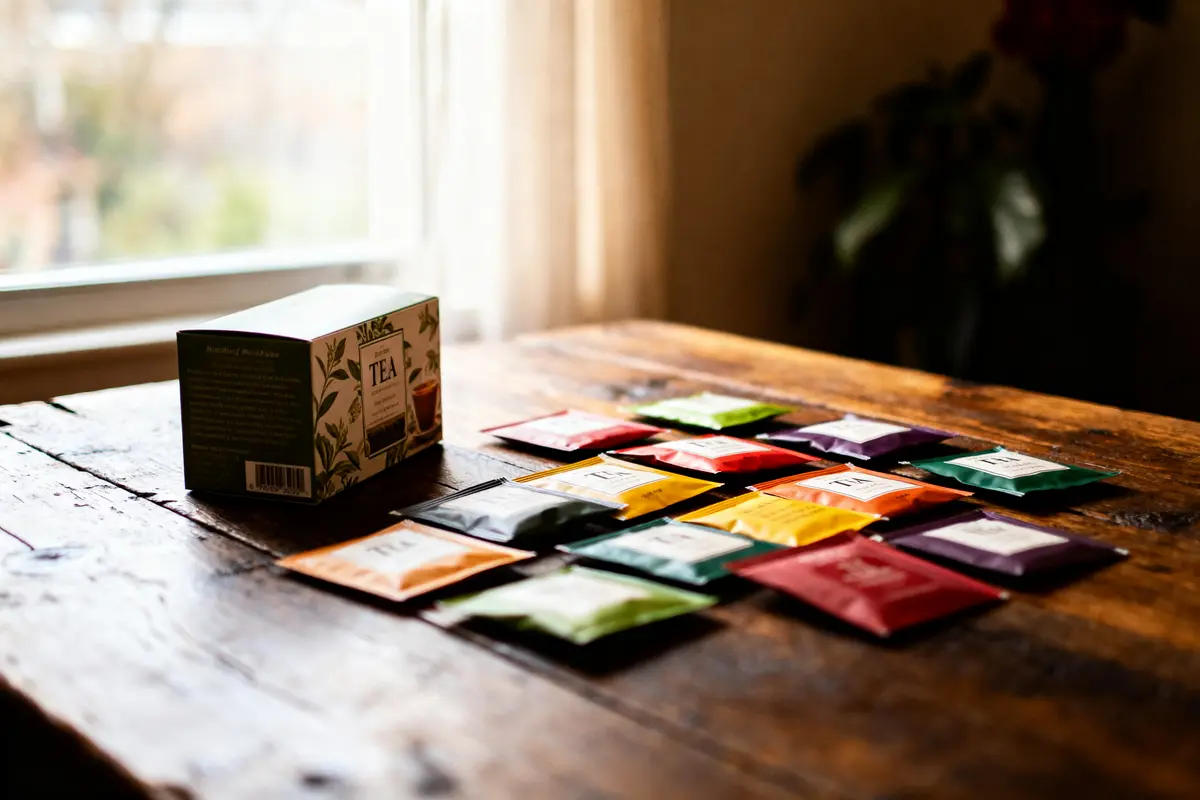 Boîte de thé et sachets variés sur une table en bois éclairée par la lumière naturelle.
