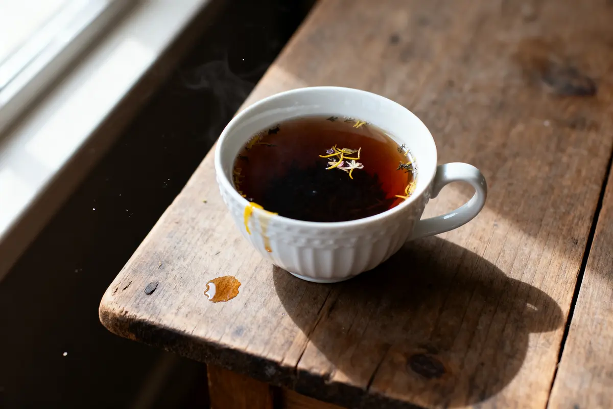 Tasse de thé fumant sur table en bois, décoré de fleurs et feuilles séchées flottantes.